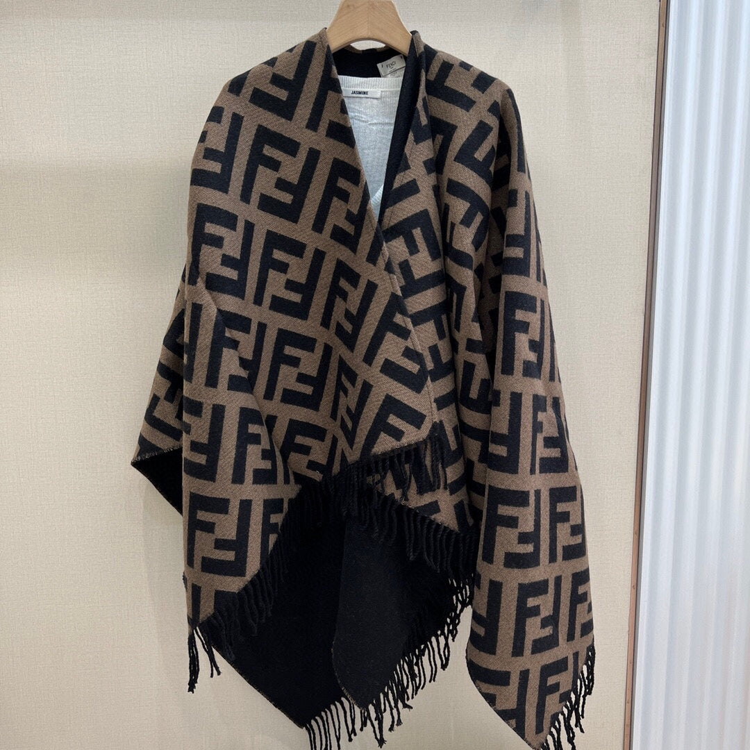 FF 170 CM SCARF IN CAMEL BROWN MIX BLACK CASHMERE AND WOOL
