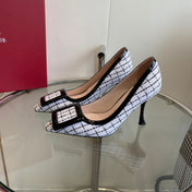 EFFLORESCENCE BALLERINAS PUMPS IN WHITE TWEED WITH FINE BLACK STRIPES EMBELLISHED CRYSTALS