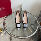 EFFLORESCENCE BALLERINAS PUMPS IN WHITE TWEED WITH FINE BLACK STRIPES EMBELLISHED CRYSTALS