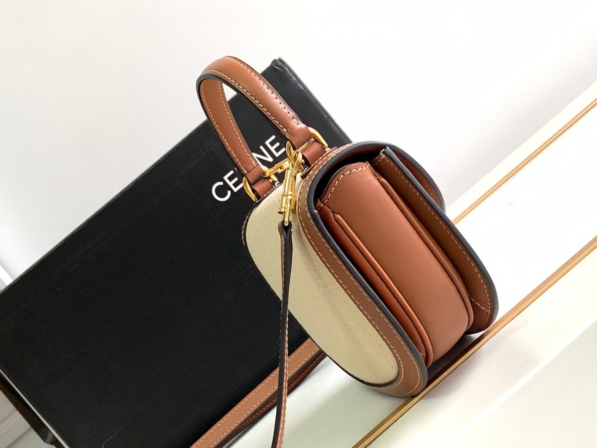 MINI BESACE CLEA 15 IN BROWN TEXTILE AND CALFSKIN