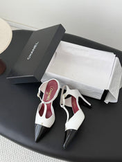 CHANEL 26S SLINGBACK PUMPS IN WHITE LAMBSKIN & BLACK PATENT LEATHER