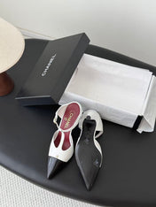 CHANEL 26S SLINGBACK PUMPS IN WHITE LAMBSKIN & BLACK PATENT LEATHER
