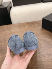 CHANEL 26S BALLET FLATS IN BLUE DENIM WITH CC LOGO & BOW DETAIL