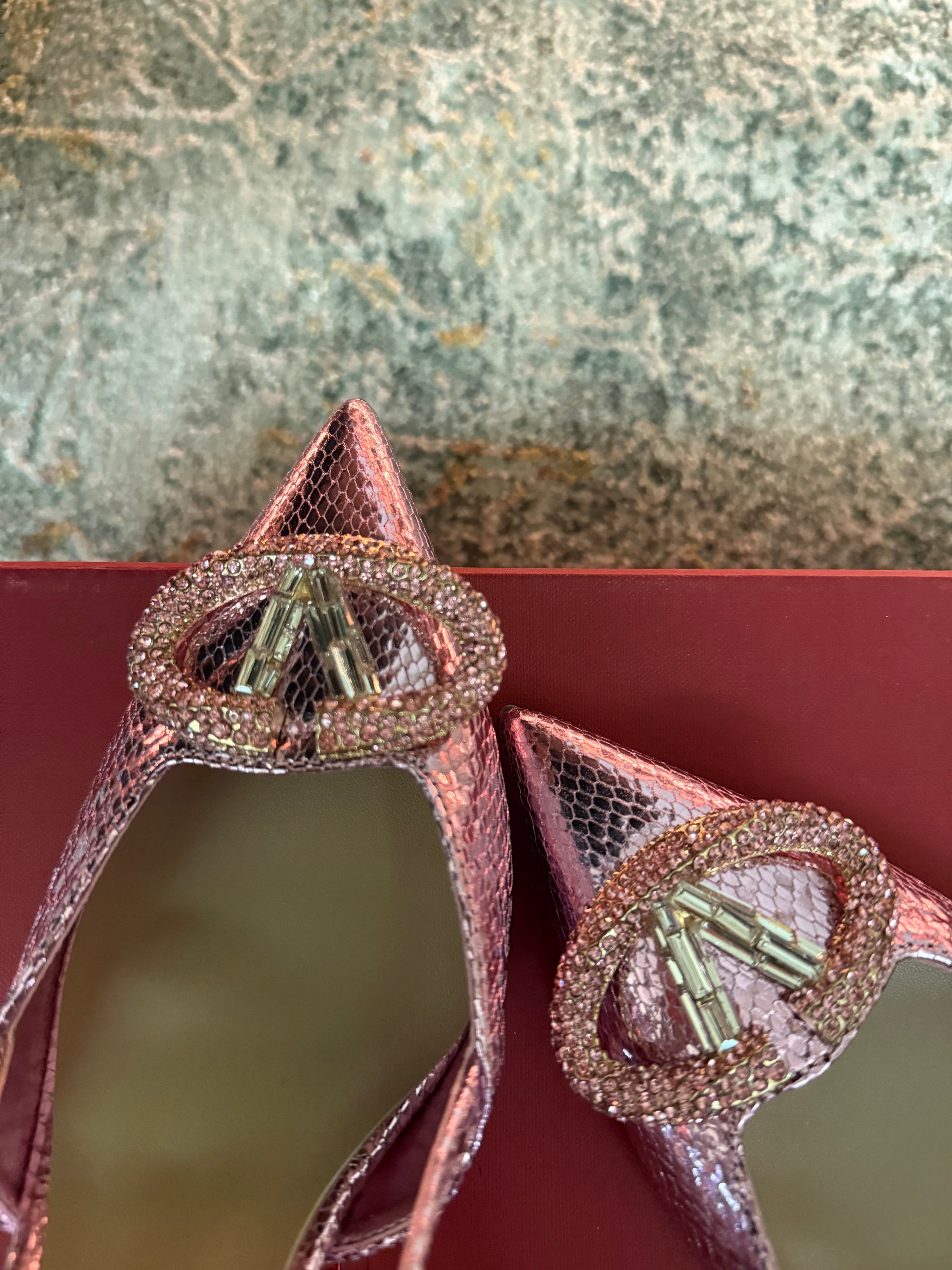 VALENTINO 26S SLINGBACKS 75 MM IN METALLIC PINK SNAKESKIN
