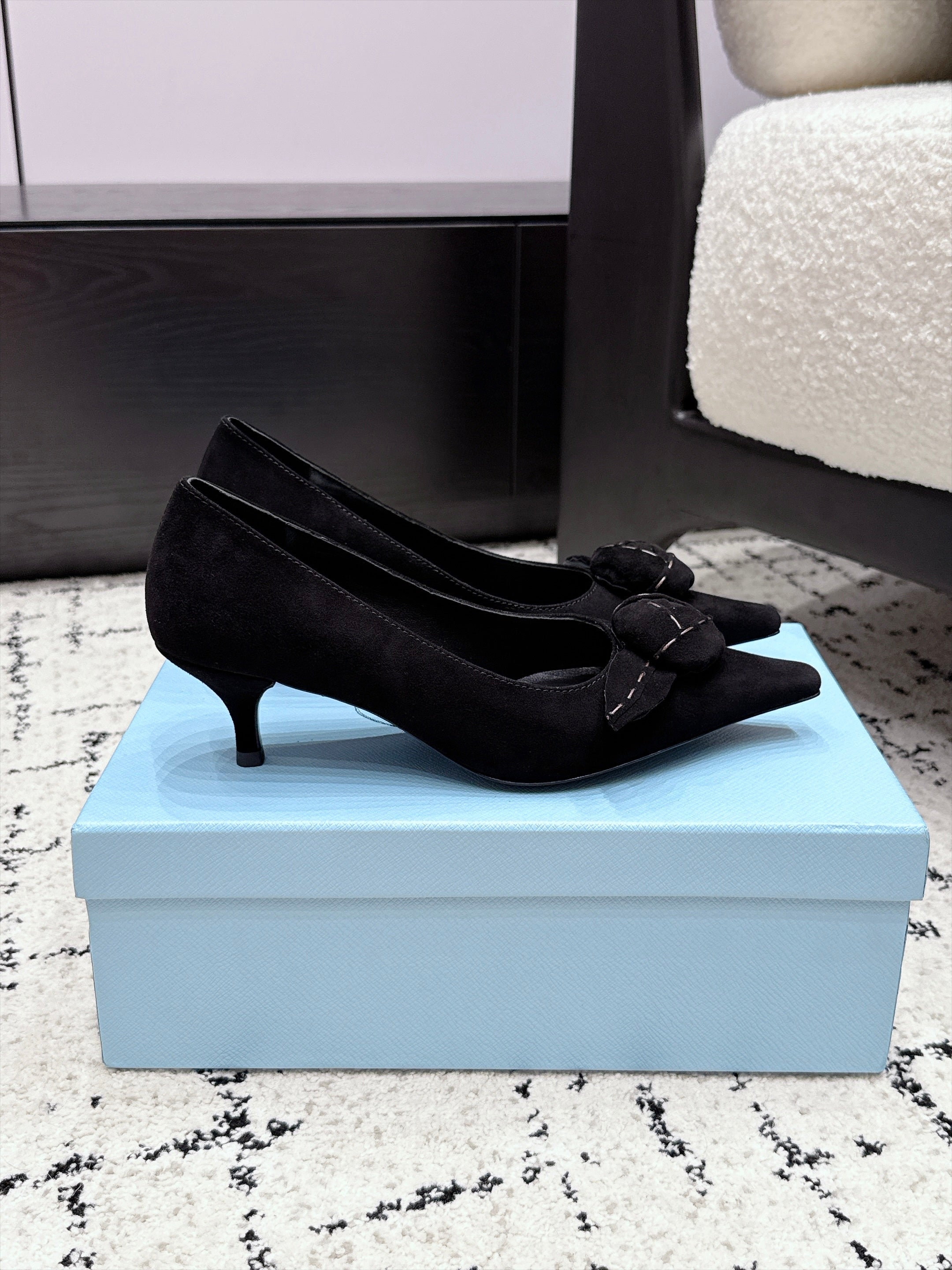 PRADA 26S HIGH HEELS 55 MM IN BLACK SUEDE