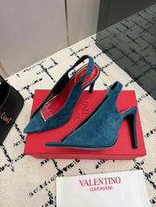 VALENTINO 26S POINTED-TOE SLINGBACKS IN TEAL BLUE SUEDE