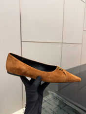 YSL 26S POINTED TOE FLATS IN BROWN SUEDE WITH YSL LOGO HARDWARE