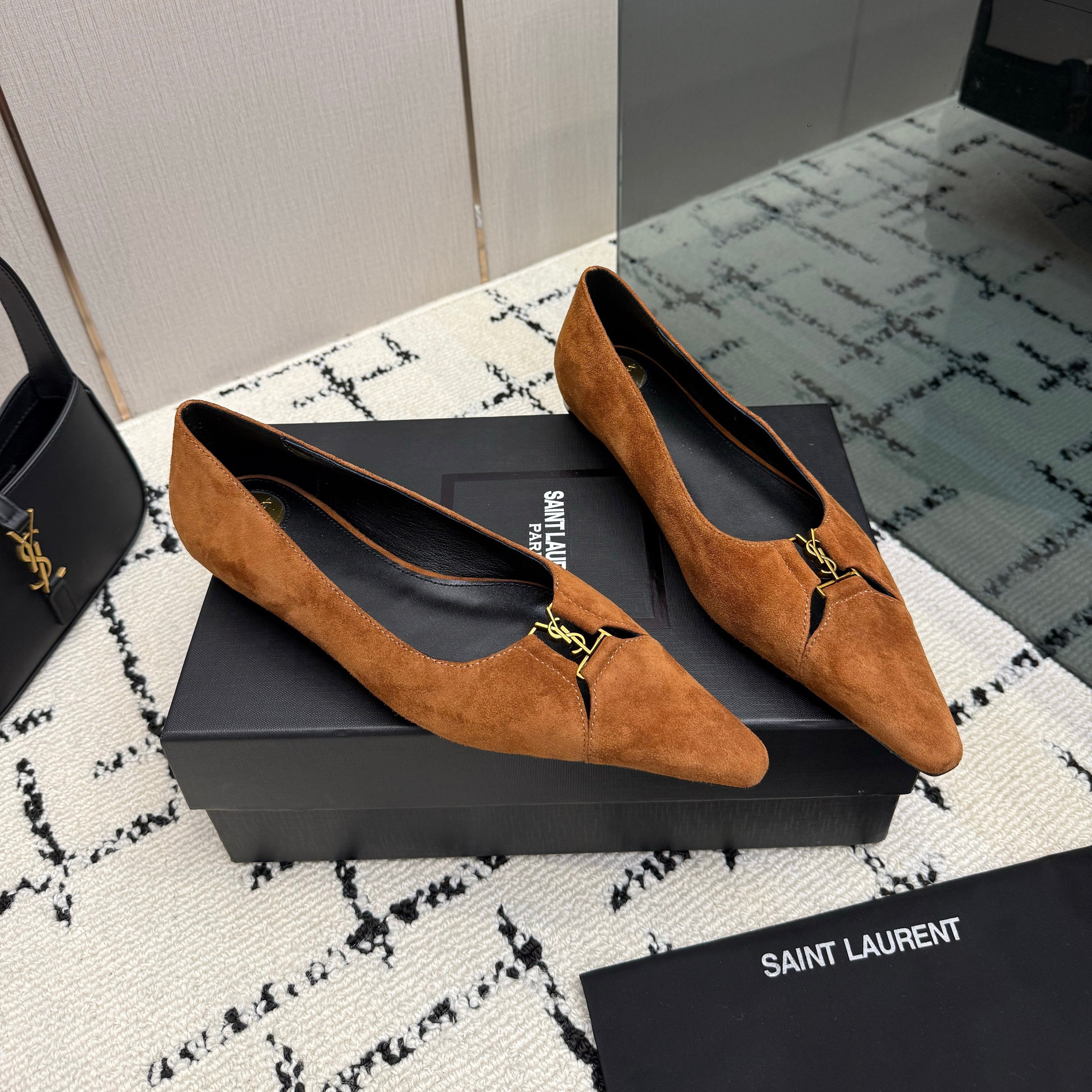 YSL 26S POINTED TOE FLATS IN BROWN SUEDE WITH YSL LOGO HARDWARE