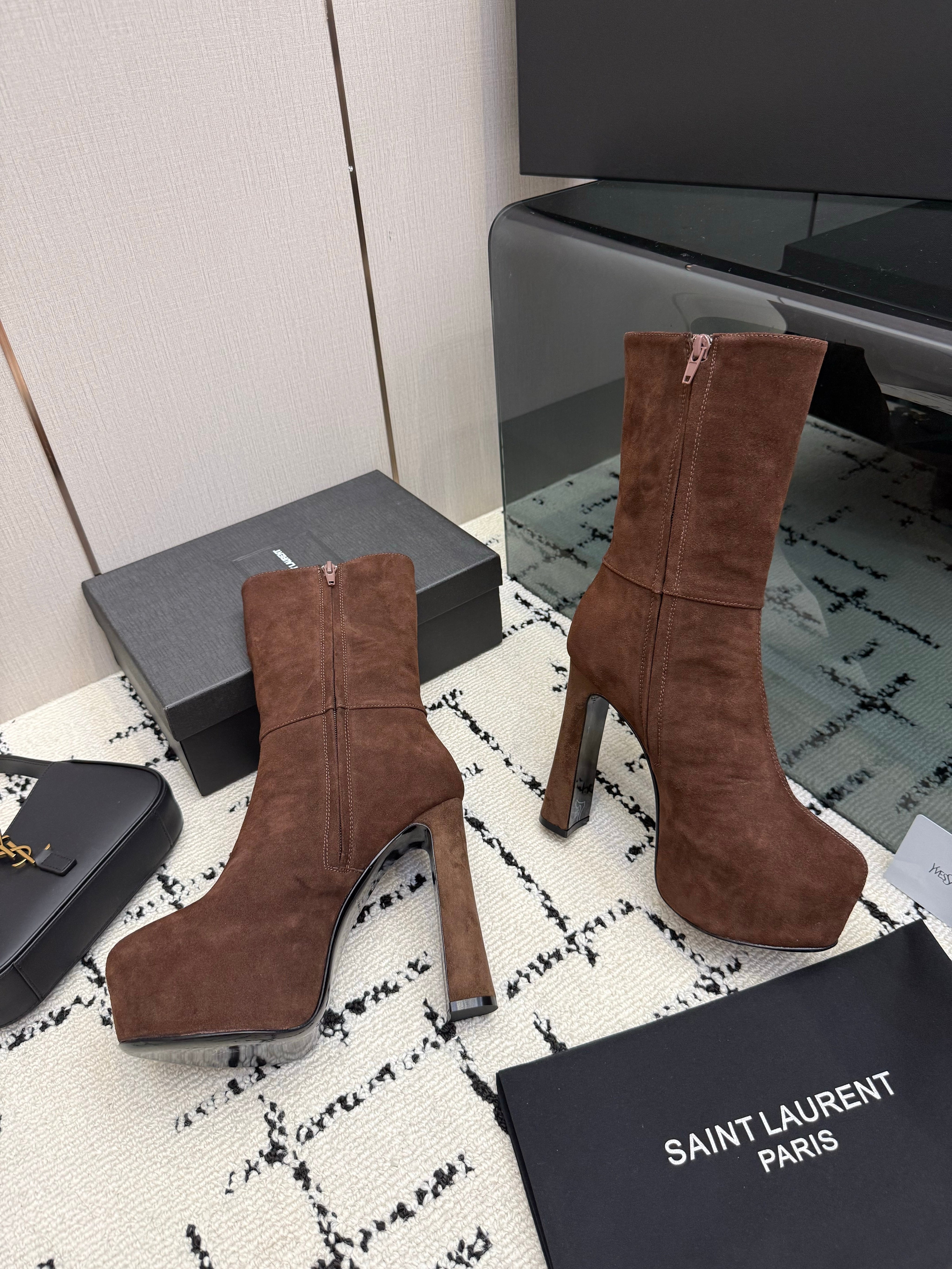 YSL 26S ANKLE BOOTS 130 MM IN DARK BROWN SUEDE