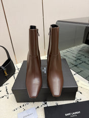 YSL 26S YSL LOGO HEEL ANKLE BOOTS 100 MM IN BROWN CALFSKIN