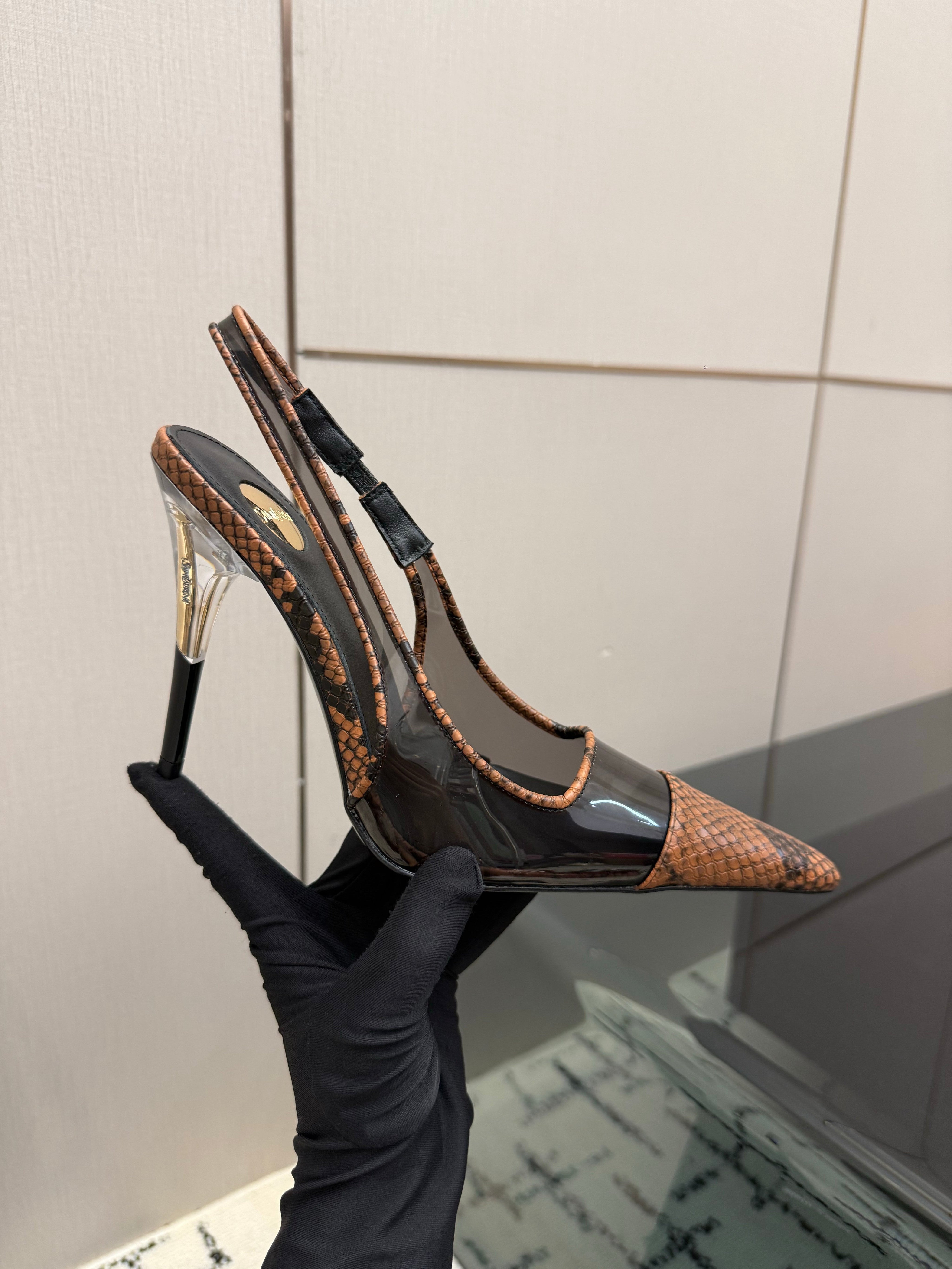 YSL 26S POINTED TOE SLINGBACK PUMPS 100 MM IN BLACK AND BROWN SNAKE EMBOSSED LEATHER