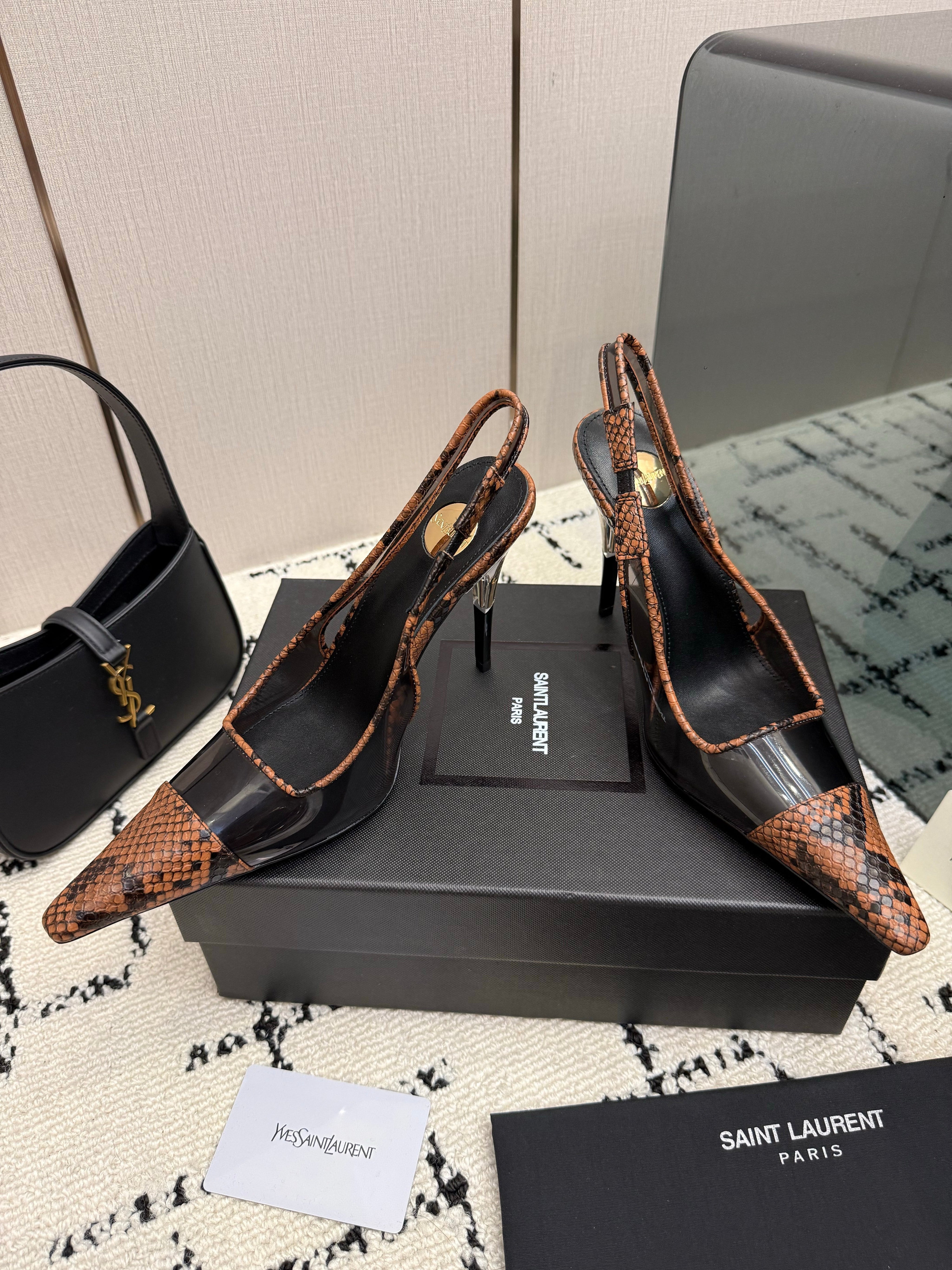 YSL 26S POINTED TOE SLINGBACK PUMPS 100 MM IN BLACK AND BROWN SNAKE EMBOSSED LEATHER