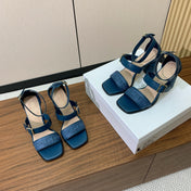 THREE-STRAP HIGH-HEELED EMBROIDERED SANDALS NAVY BLUE