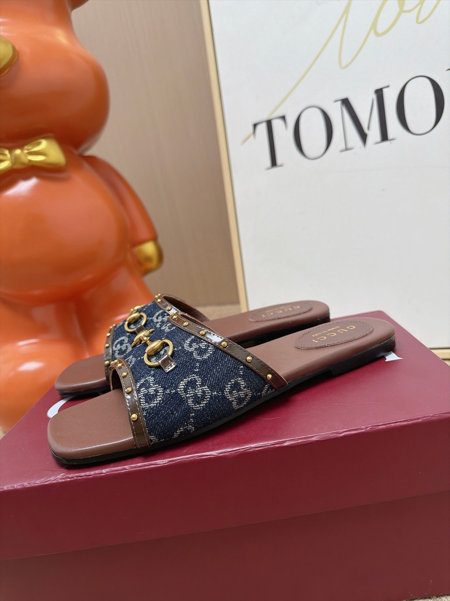 GUCCI 26S SLIDE SANDAL IN DARK BLUE DENIM AND BROWN LEATHER