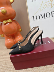 GUCCI 26S SLINGBACK HEELS 105 MM IN BLACK CANVAS MIX LAMBSKIN