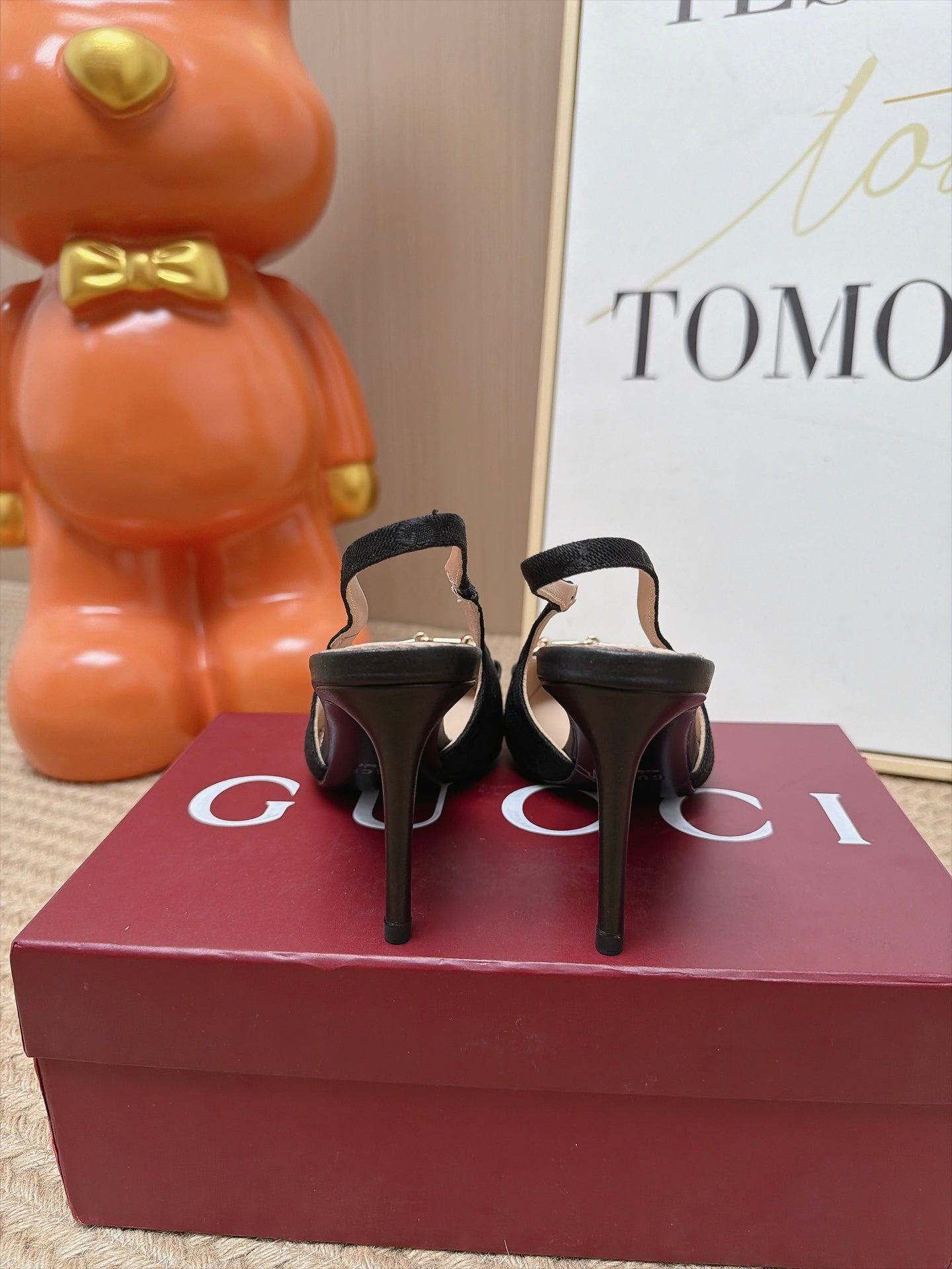 GUCCI 26S SLINGBACK HEELS 105 MM IN BLACK CANVAS MIX LAMBSKIN