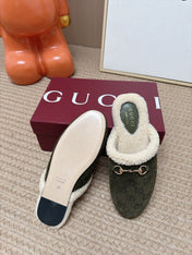GUCCI 26S SHEARLING-LINED MULES IN OLIVE GREEN SUEDE