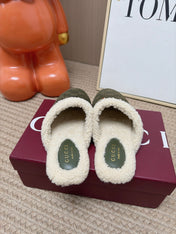 GUCCI 26S SHEARLING-LINED MULES IN OLIVE GREEN SUEDE