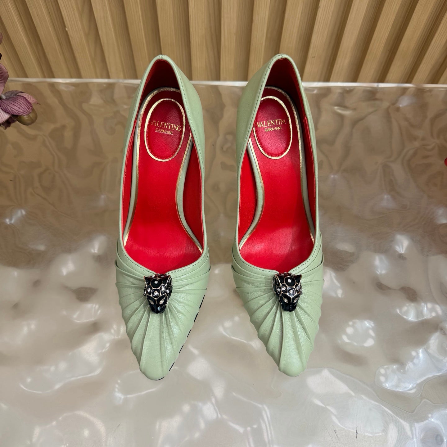 VALENTINO 26S HIGH-HEEL 100 MM IN MINT GREEN GATHERED CALFSKIN