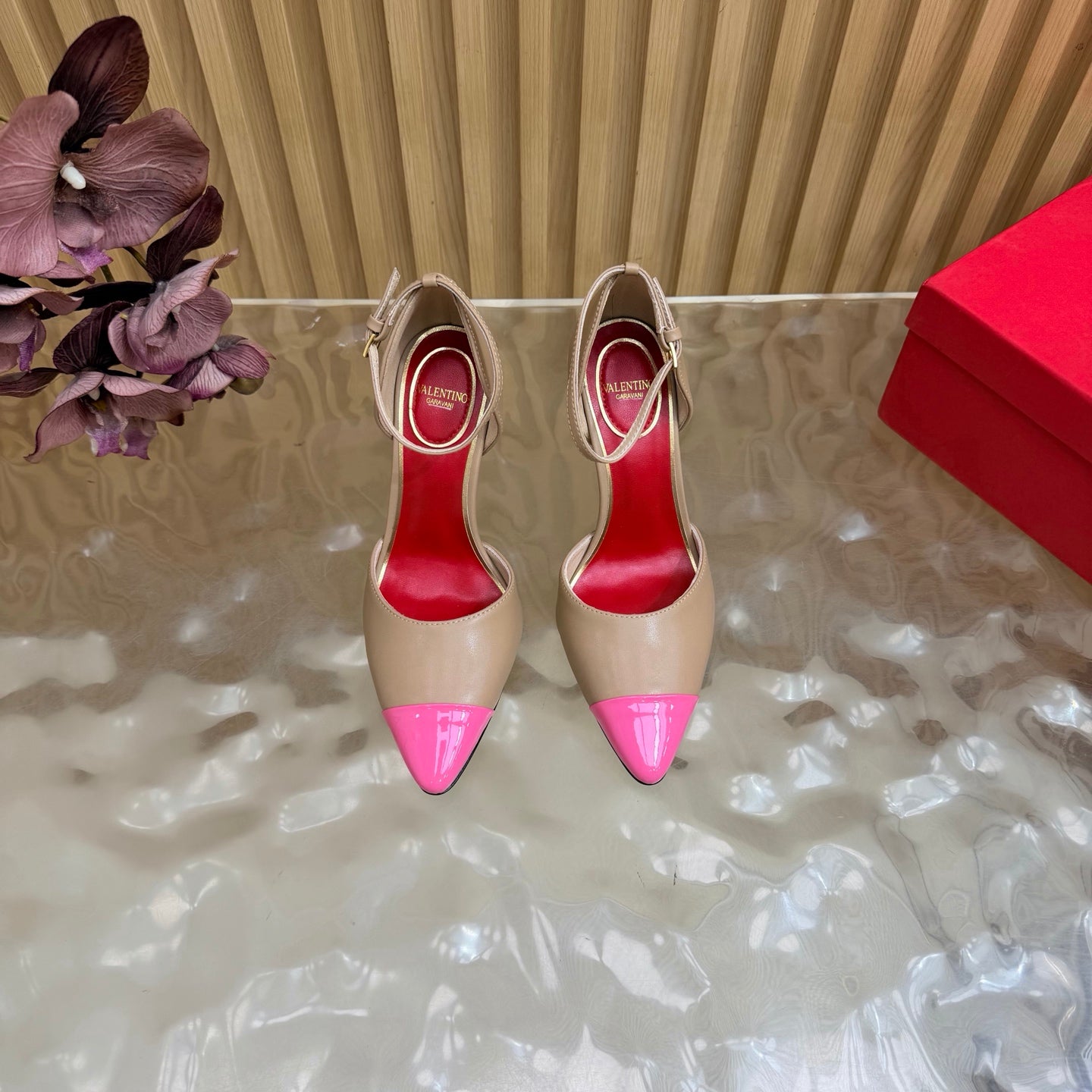 VALENTINO 26S ANKLE-STRA PUMPS 100 MM IN BEIGE AND PINK CALFSKIN