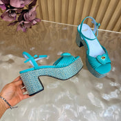 VALENTINO 26S PLATFORM SANDALS 90 MM IN LIGHT BLUE CALFSKIN BEIGE WOVEN FABRIC