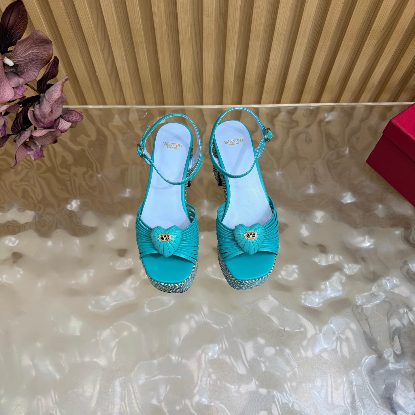 VALENTINO 26S PLATFORM SANDALS 90 MM IN LIGHT BLUE CALFSKIN BEIGE WOVEN FABRIC