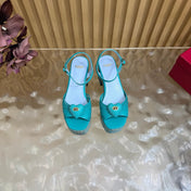 VALENTINO 26S PLATFORM SANDALS 90 MM IN LIGHT BLUE CALFSKIN BEIGE WOVEN FABRIC