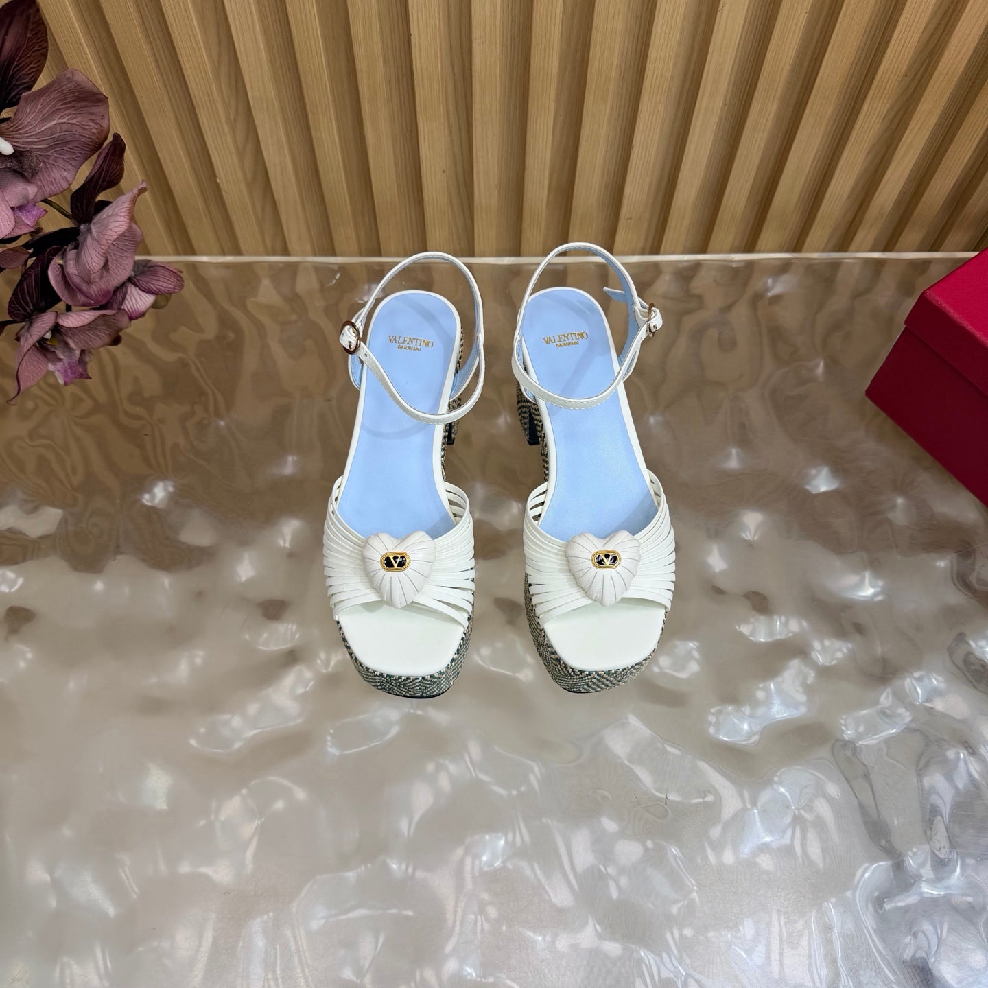 VALENTINO 26S PLATFORM SANDALS 90 MM IN WHITE CALFSKIN BEIGE WOVEN FABRIC