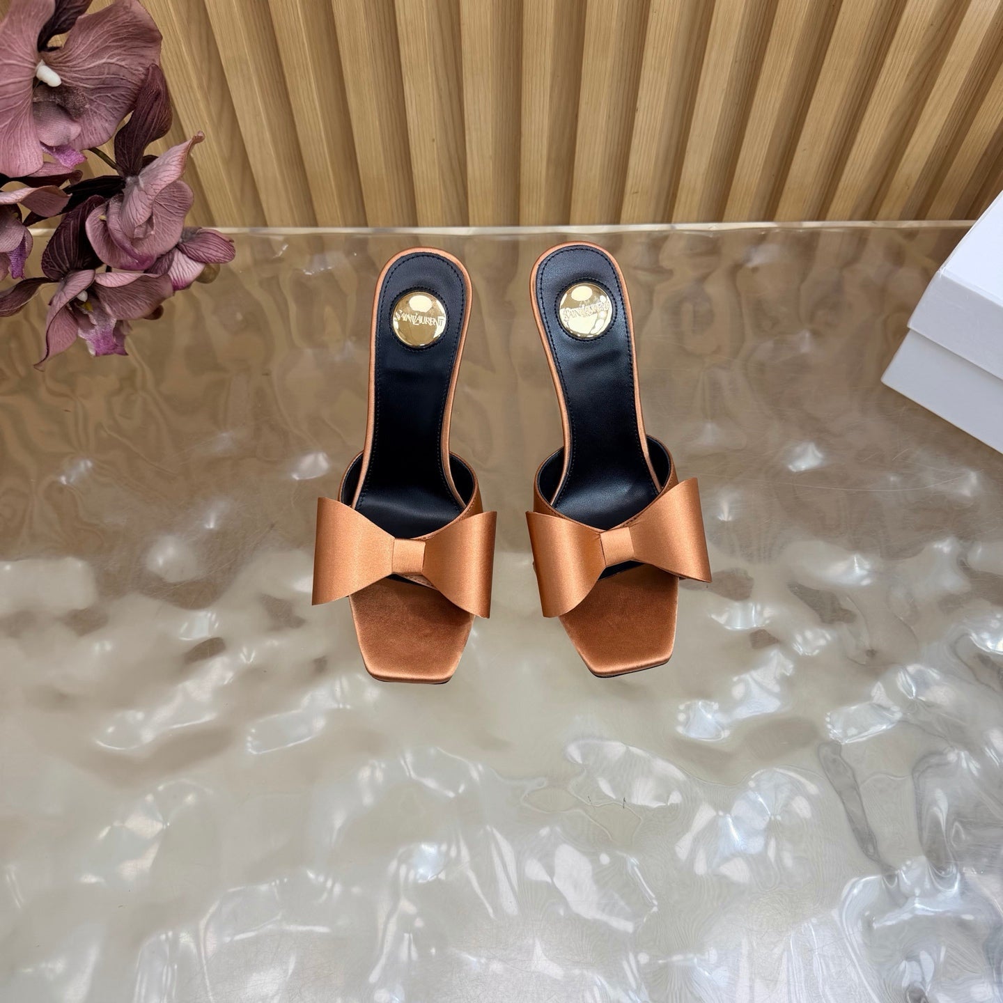 YSL 26S HIGH HEEL SANDALS 90 MM IN GOLD SILK WITH OVERSIZED BOW EMBELLISHMENT