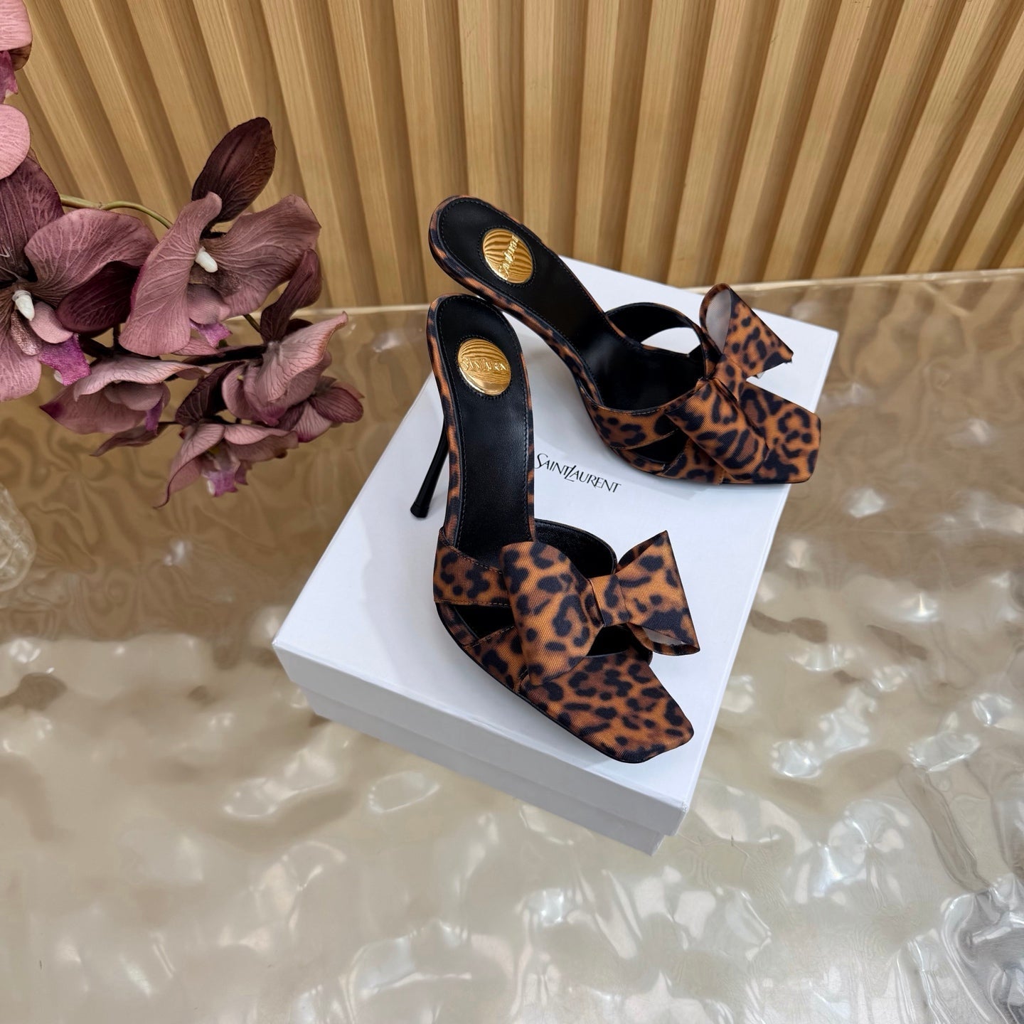 YSL 26S HIGH HEEL SANDALS 90 MM IN BLACK AND BROWN FABRIC WITH OVERSIZED BOW EMBELLISHMENT