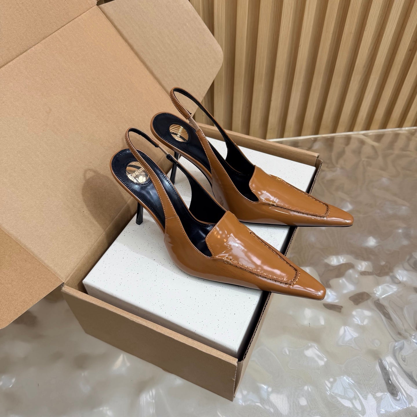 YSL 26S HIGH HEEL SLINGBACK PUMPS 110 MM IN BROWN CALFSKIN