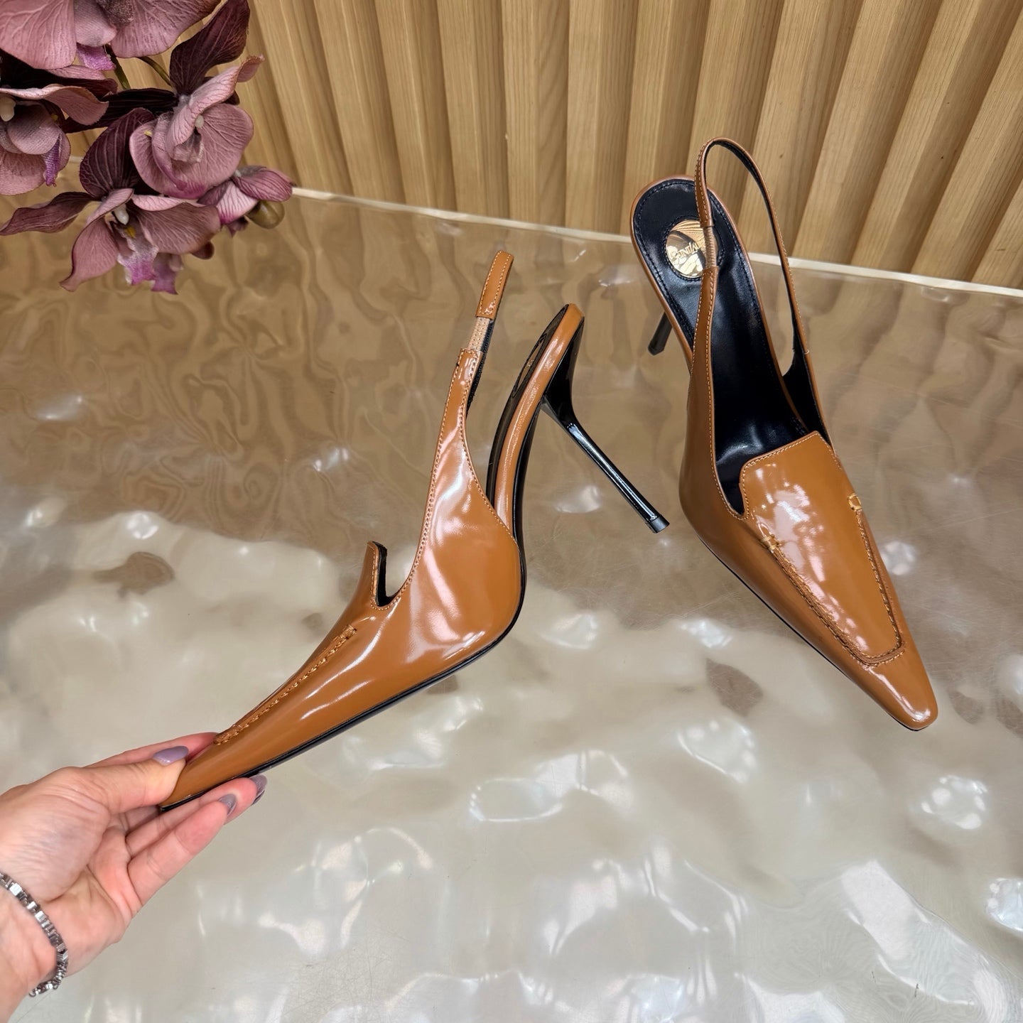YSL 26S HIGH HEEL SLINGBACK PUMPS 110 MM IN BROWN CALFSKIN