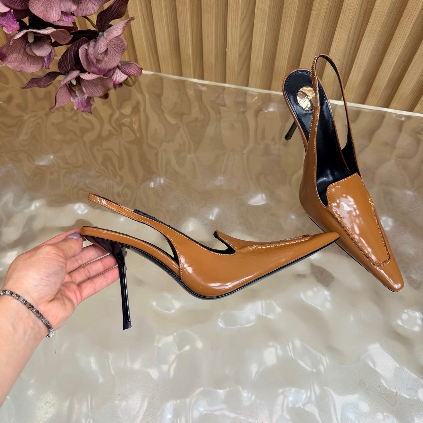 YSL 26S HIGH HEEL SLINGBACK PUMPS 110 MM IN BROWN CALFSKIN