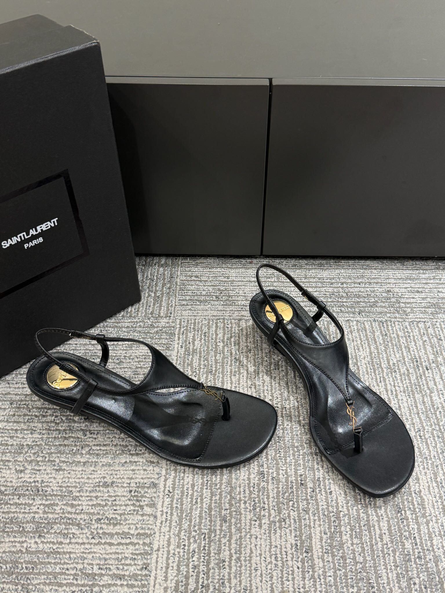 YSL WEDGE THONG SANDALS 25S IN BLACK LAMBSKIN WITH GOLD HARDWARE