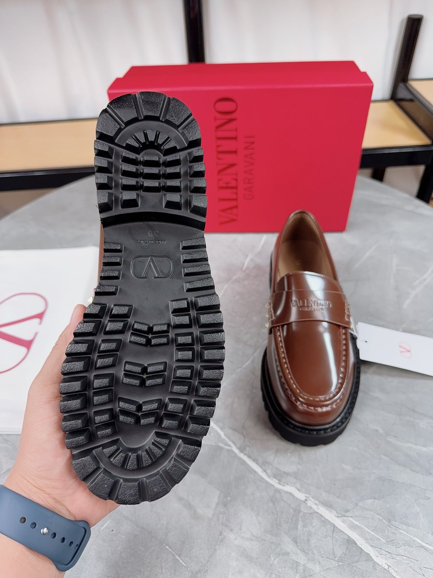VALENTINO 26S PLATFORM LOAFERS IN BROWN CALFSKIN