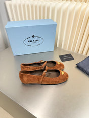 PRADA 26S MARY JANE FLATS IN COGNAC BROWN SUEDE