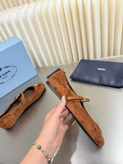 PRADA 26S MARY JANE FLATS IN COGNAC BROWN SUEDE