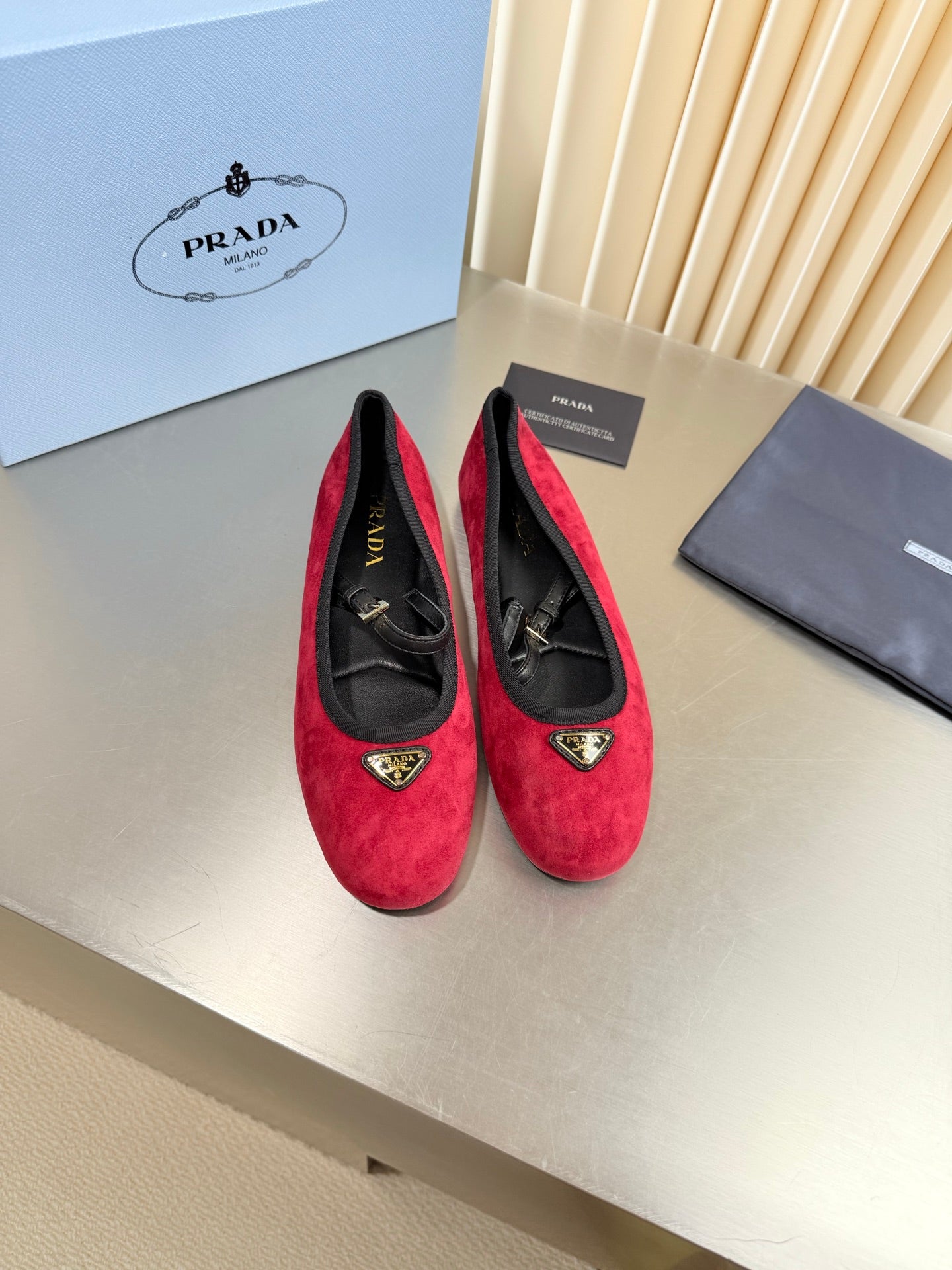 PRADA 26S MARY JANE FLATS IN RED SUEDE