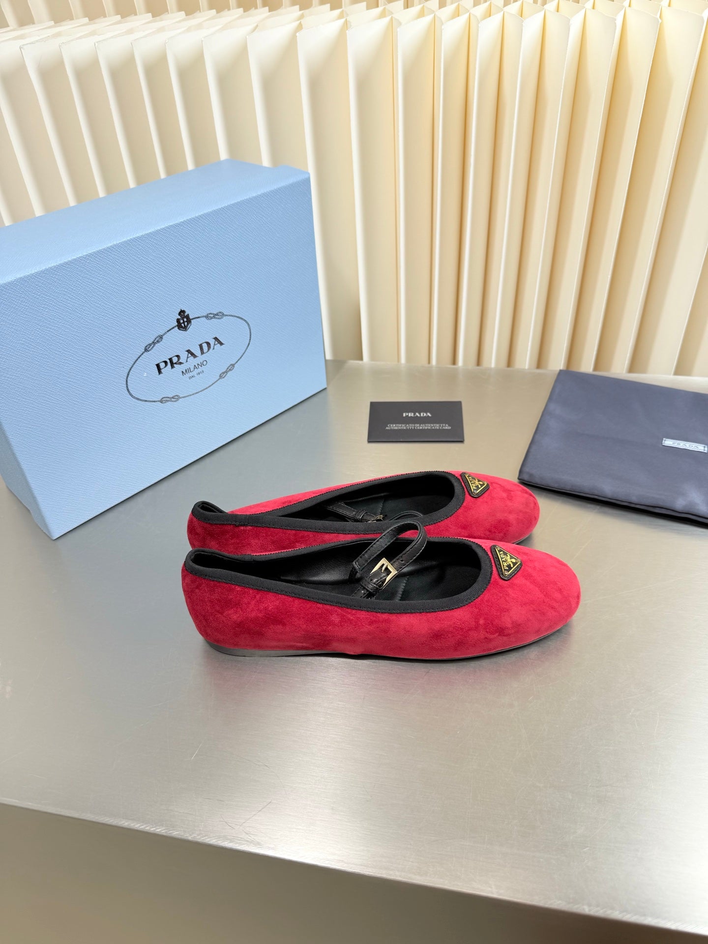 PRADA 26S MARY JANE FLATS IN RED SUEDE