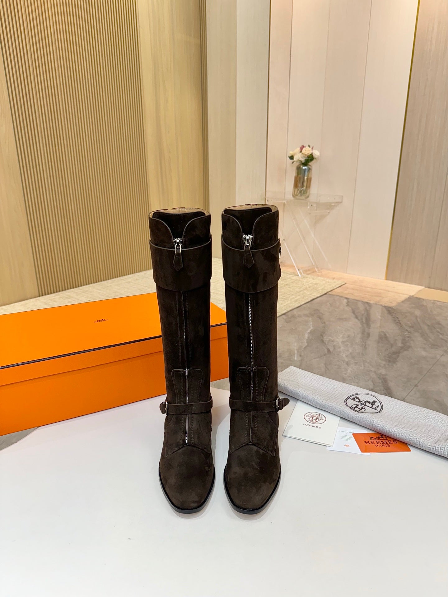 HM 25S RIDING BOOTS IN DARK COFFEE BROWN SUEDE WITH SILVER HARDWARE