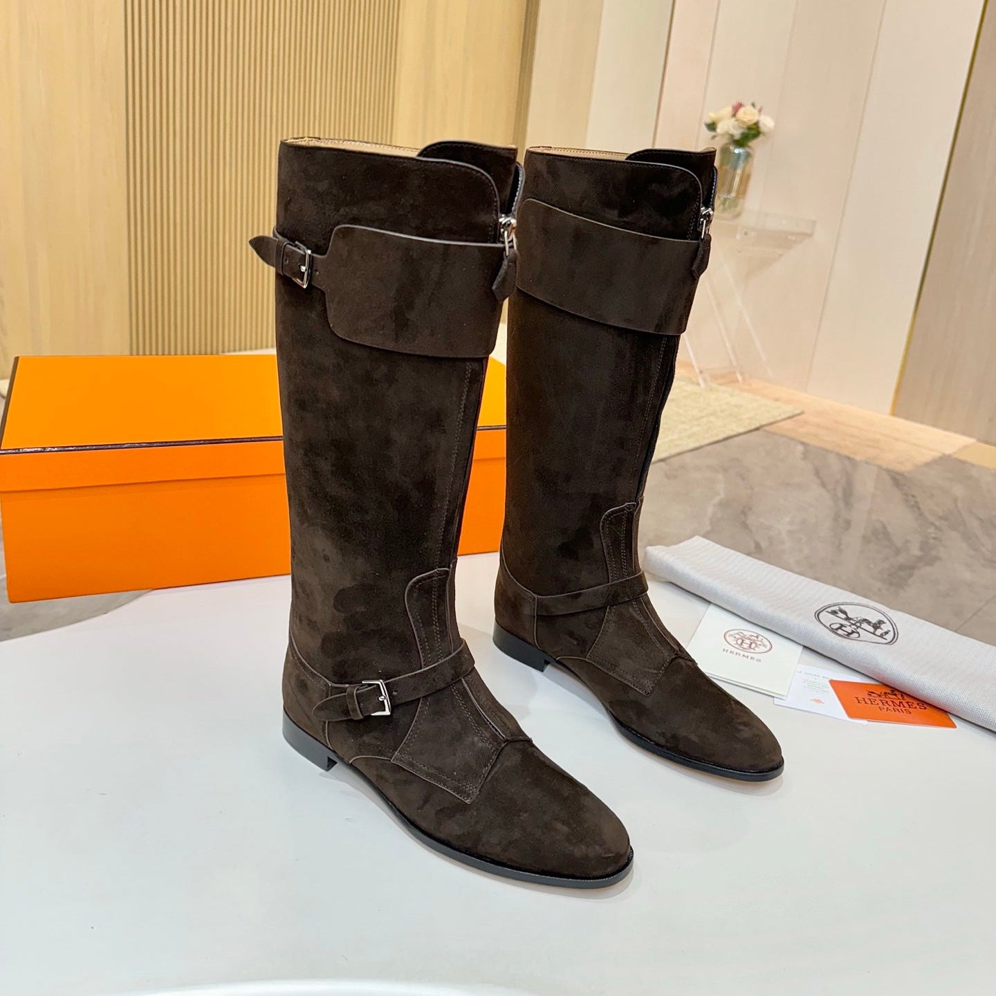 HM 25S RIDING BOOTS IN DARK COFFEE BROWN SUEDE WITH SILVER HARDWARE