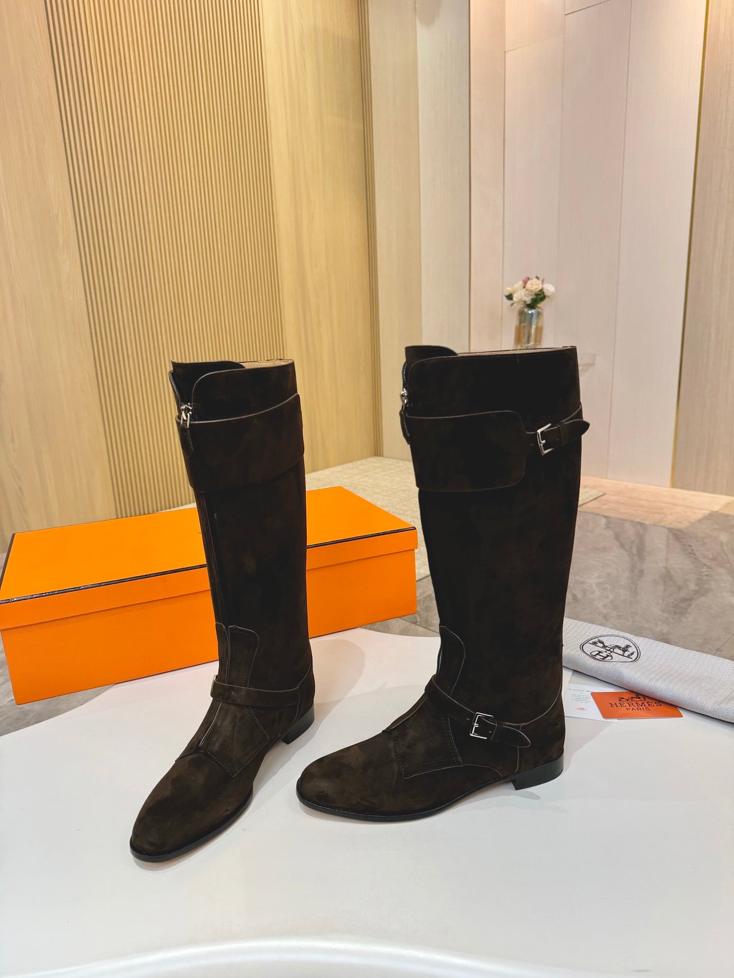 HM 25S RIDING BOOTS IN DARK COFFEE BROWN SUEDE WITH SILVER HARDWARE