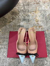 VALENTINO 26S BOW SLINGBACKS 75 MM IN NUDE AND LIGHT BLUE CALFSKIN