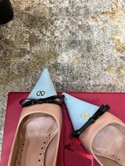 VALENTINO 26S BOW HIGH HEELS 75 MM IN NUDE AND LIGHT BLUE CALFSKIN