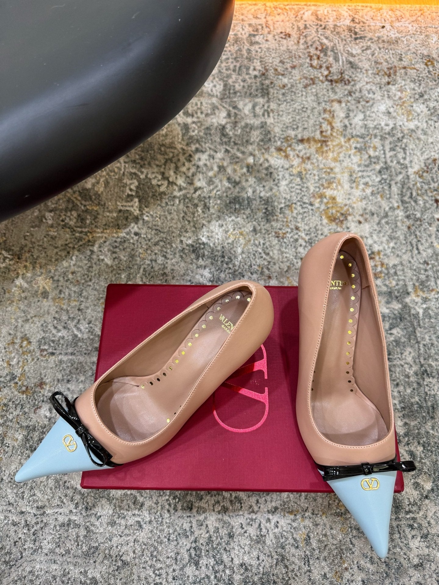 VALENTINO 26S BOW HIGH HEELS 75 MM IN NUDE AND LIGHT BLUE CALFSKIN