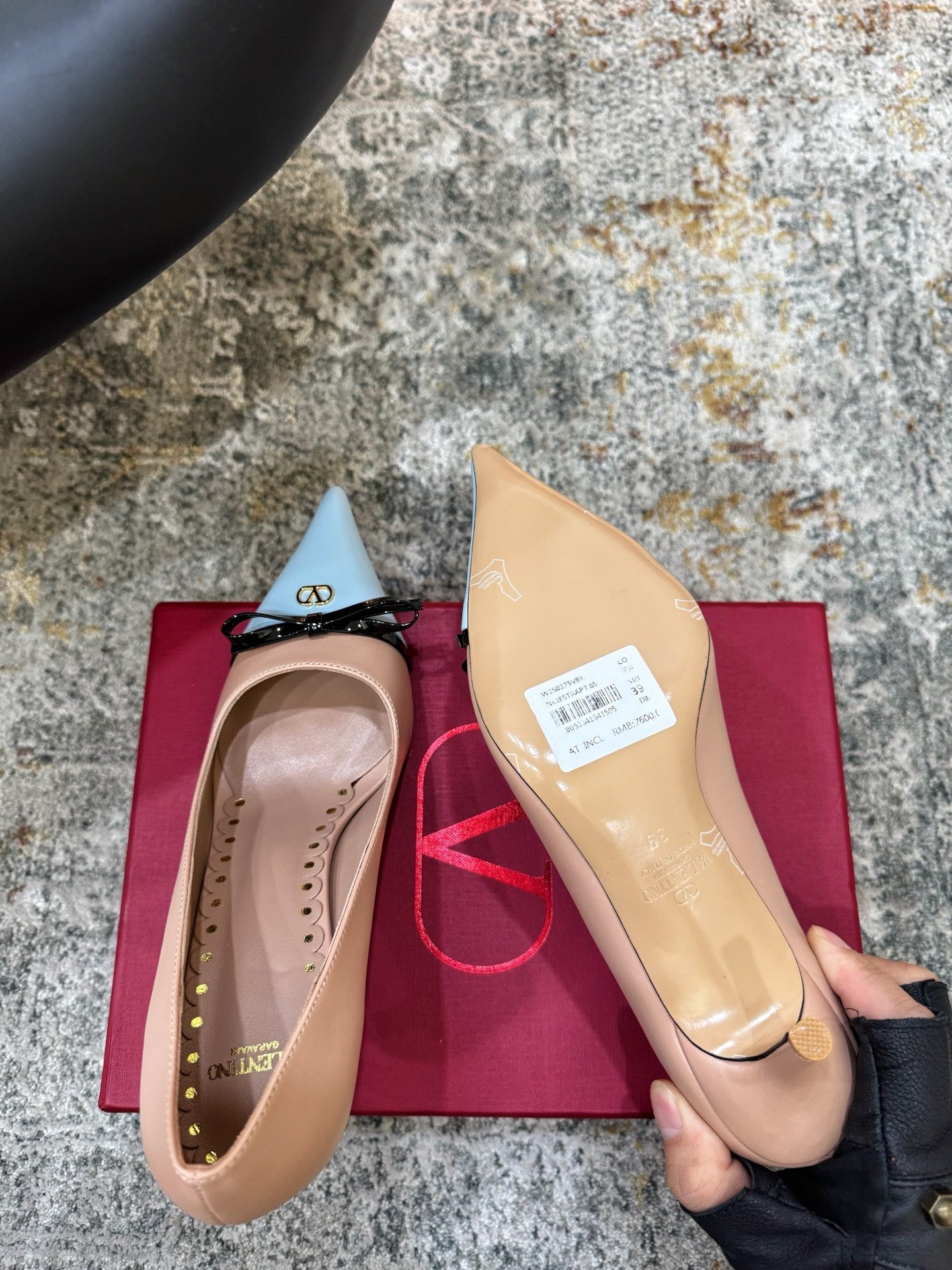 VALENTINO 26S BOW HIGH HEELS 75 MM IN NUDE AND LIGHT BLUE CALFSKIN