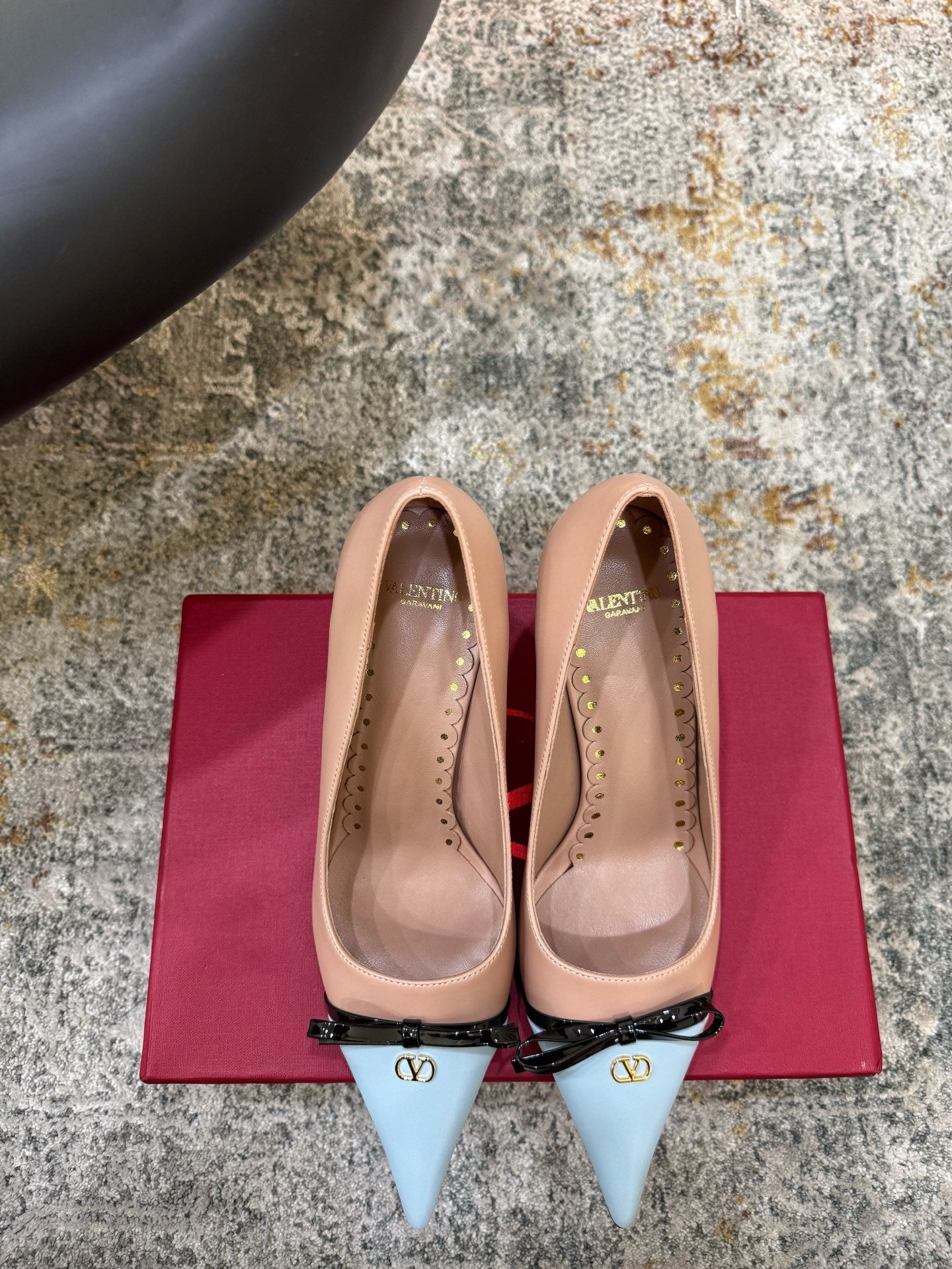 VALENTINO 26S BOW HIGH HEELS 75 MM IN NUDE AND LIGHT BLUE CALFSKIN