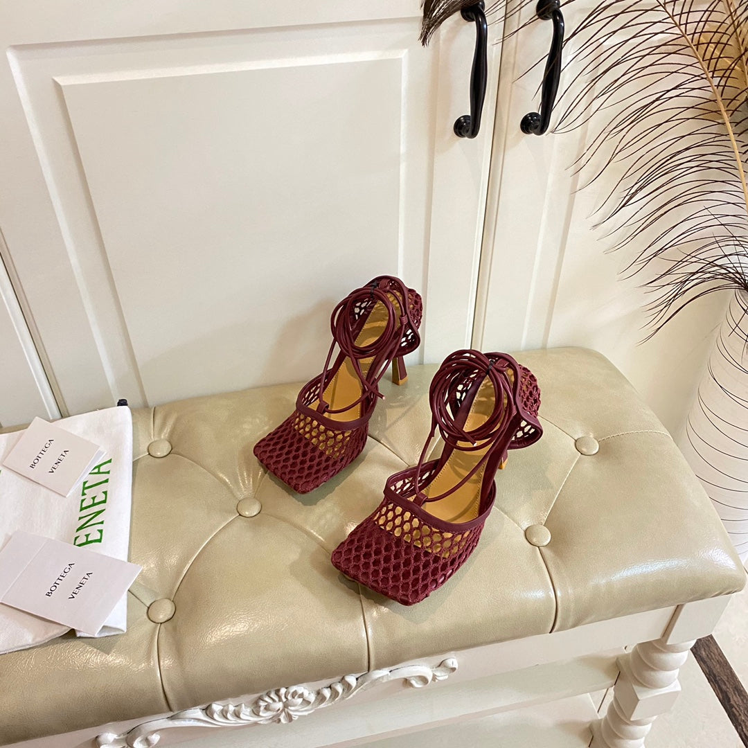 STRETCH LACE-UP SANDAL IN WINE RED METALLIZED MESH AND LEATHER 9 CM