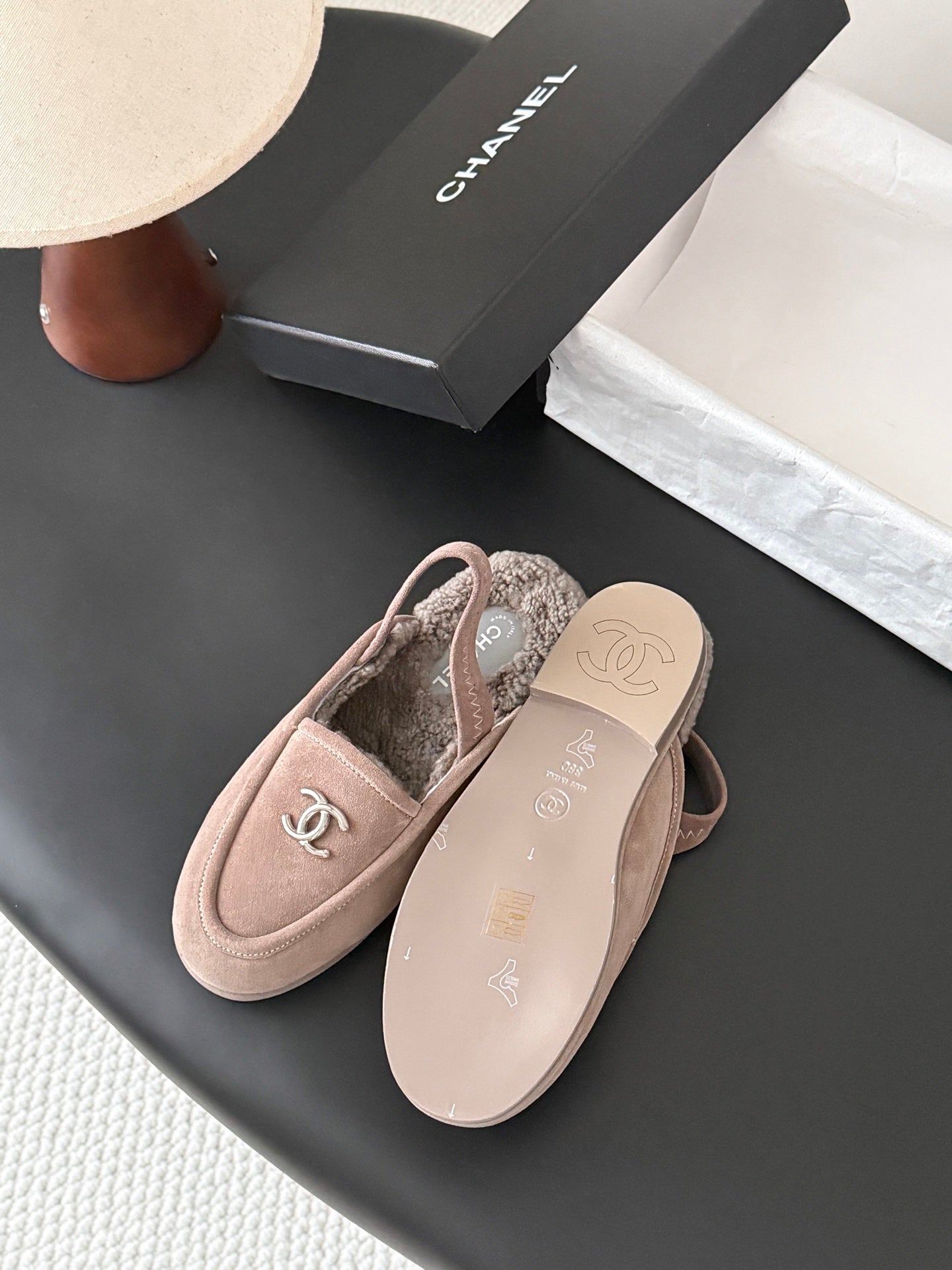 CHANEL 26S SLINGBACK LOAFERS IN GREY SUEDE AND SHEARLING LINING
