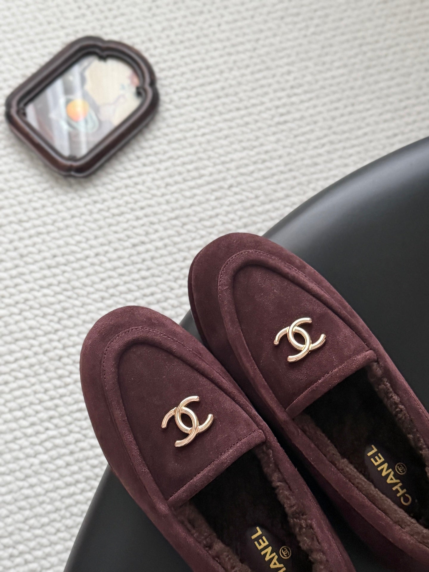 CHANEL 26S LOAFERS IN DARK BURGUNDY SUEDE AND SHEARLING LINING